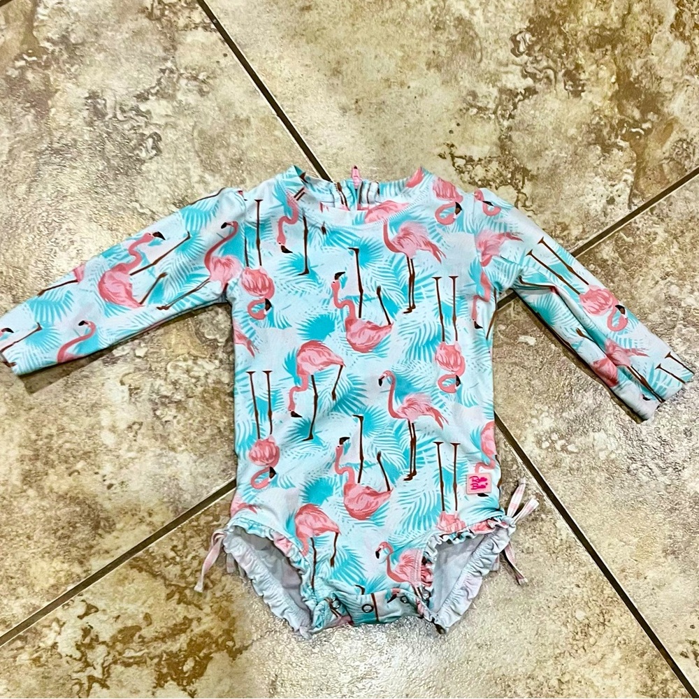 Ruffle Butts Pink Flamingo Print One-Piece Swimsuit - Aqua & Pink
